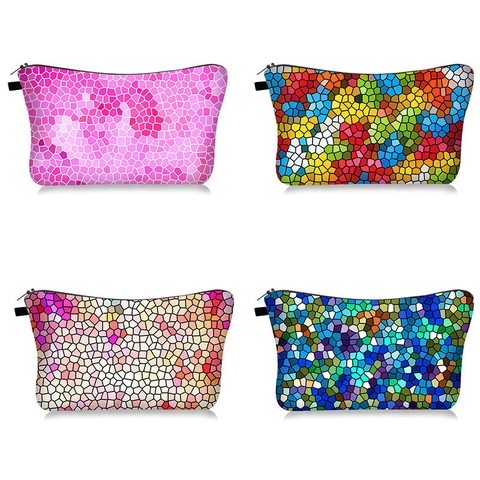 Cosmetic Bag Polyester Waterproof Travel Portable Geometric Mosaic Pattern For Women Zipper Closure Lightweight Toiletry Pouch