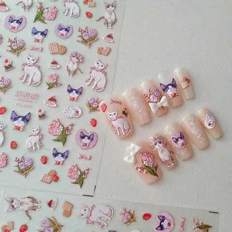 3D Relief Nail Stickers Cute Cartoon Cat Tulip Flower Strawberry Adhesive Decals For Manicure Decoration