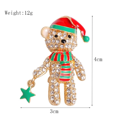 Fashion Alloy Rhinestone Christmas Bear Brooch Luxury Inlaid Animal Cartoon Teddy Pin Holiday Jewelry Decoration Gifts For Women