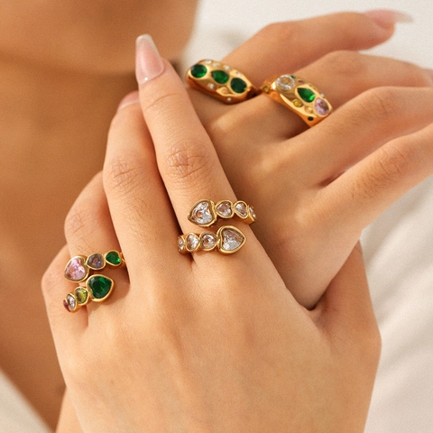 Anello Aperto Cuore Zircone Vintage Acciaio Inossidabile Placcato Oro 18K Regolabile Gioielli Pietre Colorate Donne