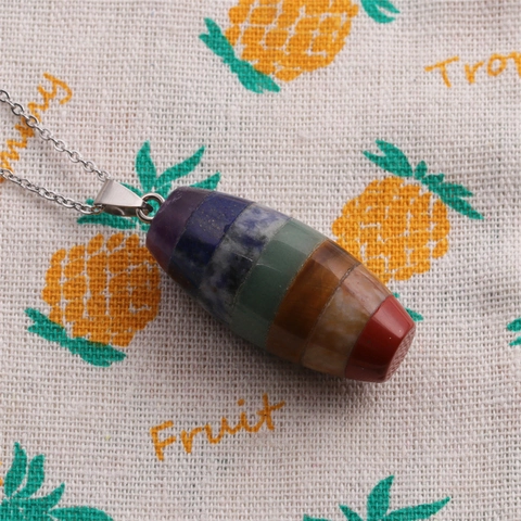 Seven Chakra Healing Crystal Pointed Pendant Necklace Multi-Color Natural Stone Bullet Shape Alloy Chain Jewelry Women Men