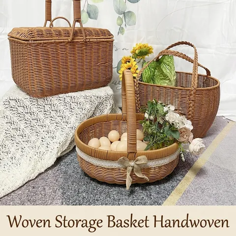 Woven Storage Basket Imitation Rattan Picnic Basket With Handle Lid Portable Handheld Shopping Fruit Organizer For Outdoor