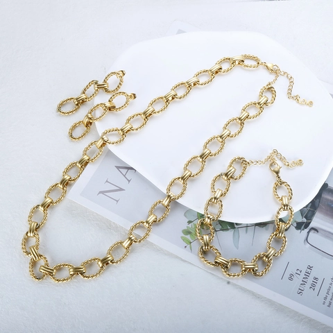 Stainless Steel Twisted Rope Jewelry Set For Women Trendy Oval Braided Necklace Bracelet Stud Earrings Gold Steel Jewelry Set
