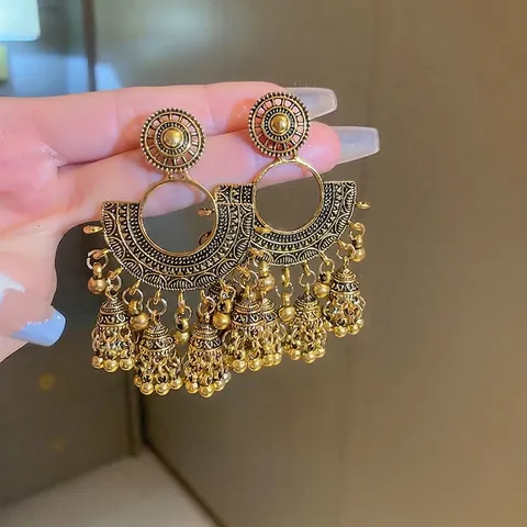 Vintage Ethnic Bohemian Jhumka Σκουλαρίκια Για Γυναίκες Κράμα Σχήμα Βεντάλιας Καμπάνα Με Ασημένια Βάση Σκουλαρικιού