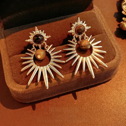 Starburst Dangle Earrings With Tiger Eye Stone Zircon Inlaid Copper Base And Silver Earring Post Vintage For Women