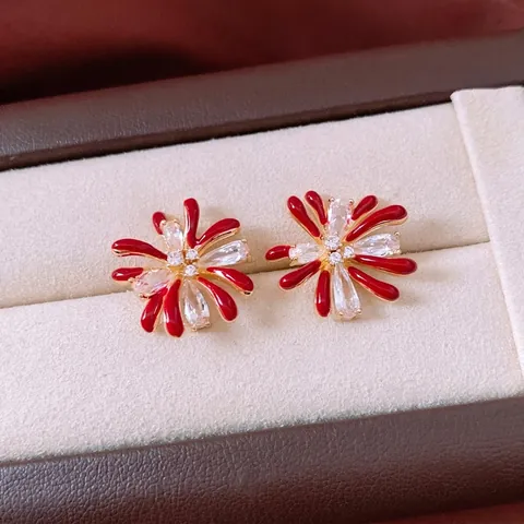 Floral Stud Earrings With Silver Earring Post 18K Gold Plated Copper Zircon Red Enamel Fashion Elegant Jewelry For Women