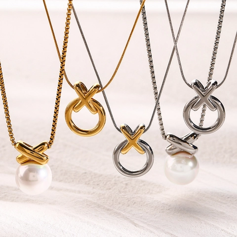 Mode Edelstahl Geometrische X Anhänger Halskette Mit Künstlicher Perle Strass Für Damen Gold Silber Schmuck Geschenk