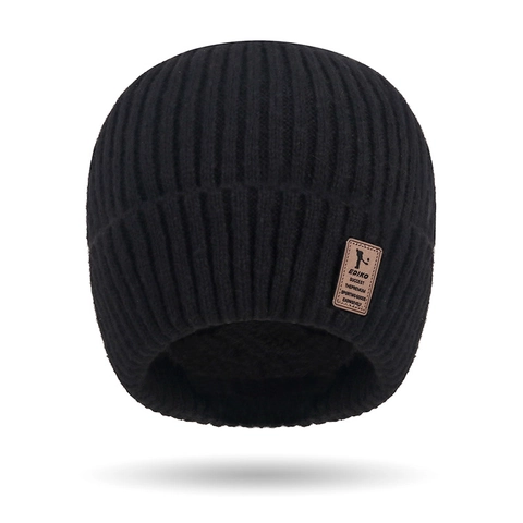 Men Women Winter Beanie Hat Warm Knitted Ribbed Cuff Cap With Fleece Lining And Leather Patch Solid Color Fashion