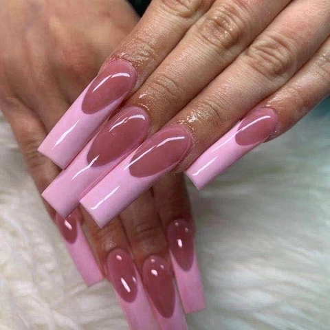 Uñas Postizas Press On Largas Ataúd Degradado Rosa French Tip Brillantes Manicura Para Mujeres