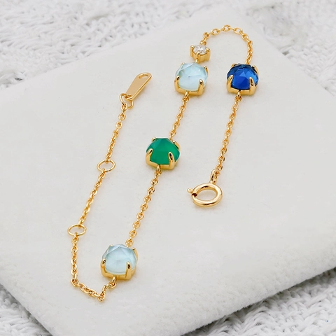 Braccialetto in Argento Sterling 925 Vintage Francese per Donna Placcato Oro 14K Calcedonio Verde Conchiglia Bianca Zirconia Gioielli