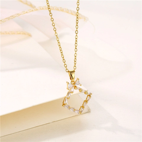 Edelstahl Vergoldete Anhänger Halskette Mit Schleife Quadratisch Geometrisch Zirkon Schlüsselbein Kette Für Damen Elegant