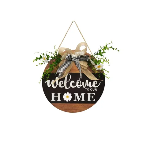 Panneau Bienvenue Rond Bois Lumière LED Icônes Saisonnières Noeud Lin Verdure Décoration Porte Murale Style Rural