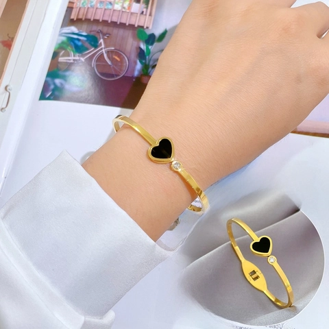 Bracciale Rigido In Acciaio Inossidabile Con Cuore In Smalto Nero E Zirconia Gioielli Di Moda Retro Minimalisti Donna