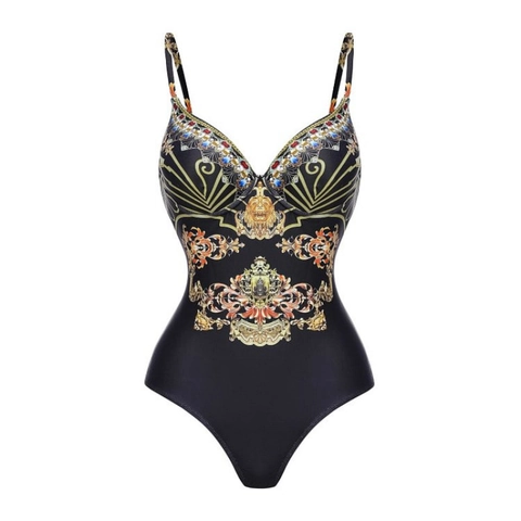 Women Baroque Gold Floral Print One Piece Swimsuit With Ruffle Leopard Cover Up Skirt Polyester Beachwear