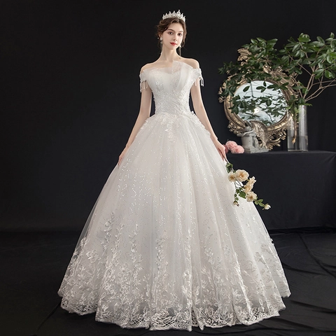 Off Shoulder Hochzeitskleid Ballkleid Spitze Applikation Pailletten Quaste Braut Bodenlang Kathedrale Schleppe Weiß