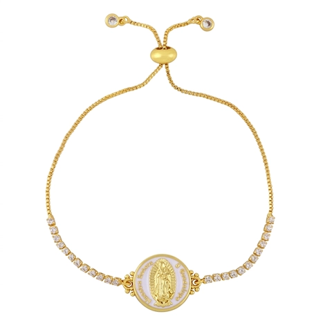 Virgin Mary Religious Bracelet Copper Gold Plated Colorful Cubic Zirconia Mother Of Artificial Pearl Adjustable Slider Drawstring