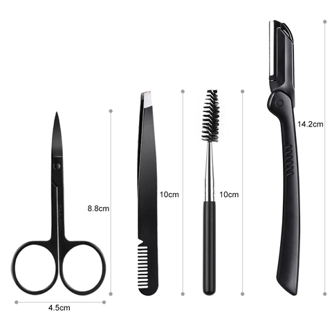 Eyebrow Grooming Trimming Tools Stainless Steel Razor Scissors Tweezers Spoolie Brush Portable Professional Black