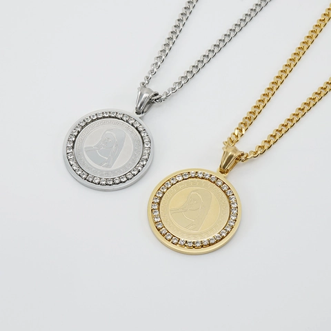 Religious Virgin Mary Medallion Pendant Necklace 18K Gold Plated Stainless Steel Rhinestone Greek Key Hip Hop Jewelry