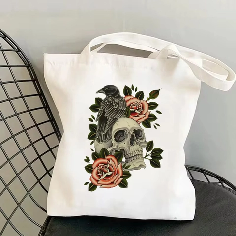 Vintage Skull Rose Floral Print Canvas Tote Bag Large Capacity Shopping Travel Shoulder Handbag For Women Halloween Gift