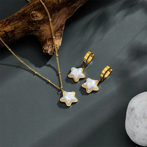 Collar Con Colgante De Estrella Y Pendientes De Aro Acero Inoxidable Chapado En Oro Nácar Joyería