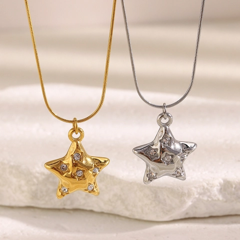 Elegante Collar Colgante Estrella Acero Inoxidable Chapado Oro 18K Joyería Moda Estrás Circón Para Mujer Cadena Serpiente