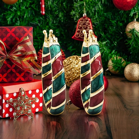 Christmas Hoop Earrings Copper Enamel Striped Candy Cane Festive Holiday Jewelry For Women New Year Gift