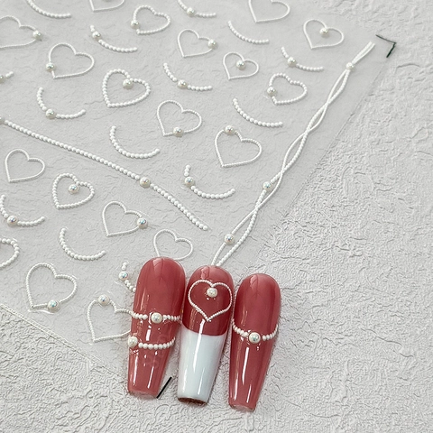White Artificial Pearl Embossed Nail Art Stickers Heart Curved Line Design Elegant Self Adhesive Relief Manicure Decoration