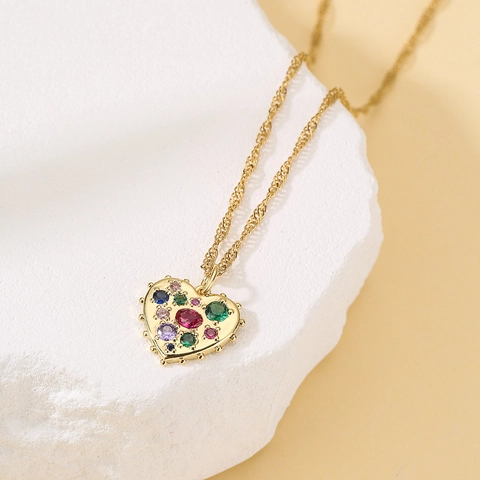 Herz Anhänger Halskette Kupfer 18K Vergoldet Bunte Zirkon Schlüsselbeinkette Mode Schmuck Für Damen