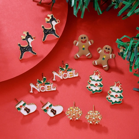 Ensemble De Boucles D'oreilles De Noël Alliage Émail Strass Künstliche Perle Artificielle Éléments Festifs Père Noël Renne Flocons