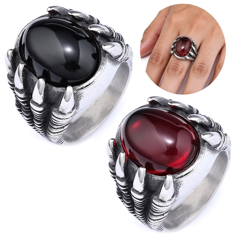 Bague Griffe De Dragon Acier Inoxydable 316L Avec Pierre Gemme Rouge Noire Style Gothique Punk Bijoux Hommes Unisex