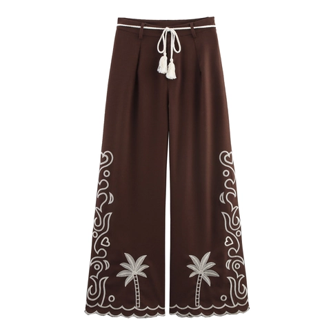 Women High Waisted Wide Leg Pants Polyester Coconut Palm Tree Embroidery Ethnic Resort Style Tassel Rope Belt Brown