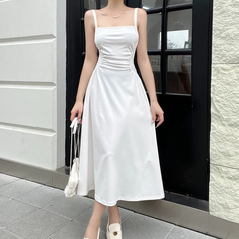 Abito Midi Elegante Da Donna Con Spalline Scollo Quadrato Vita Arricciata Linea A Tinta Unita Senza Maniche Chic