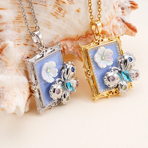 Collana Pendente Farfalla Fiore Stile Giardino Monet Rame Zircone Conchiglia Retro Francese Cornice Quadrata Gioielli Donna