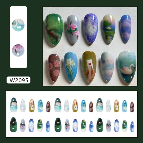 Press On Nails Stile Pittura Ad Olio Motivo Floreale Cigno Foresta Forma Mandorla Lucido Unghie Finte Rimovibili
