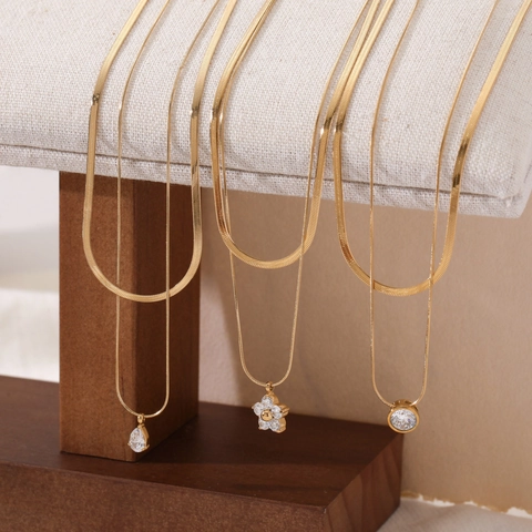 Layered Stainless Steel Necklace With Zircon Pendant Snake Chain Elegant Fashion Jewelry For Women