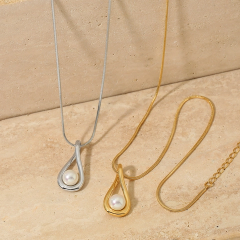 Collar De Perla Artificial En Forma De Gota De Acero Inoxidable Cadena De Serpiente Elegante Minimalista Joyería Para Mujer