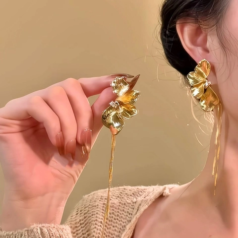 Flower Tassel Dangle Earrings Alloy Rhinestone With 925 Sterling Silver Earring Post Elegant Floral Jewelry For Women