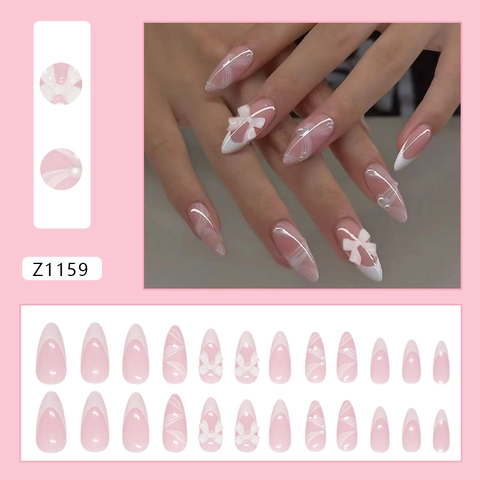 Press-On-Nägel Französischer Stil Mandelform Rosa Weiß ABS-Kunststoff Mit 3D-Schleifen Und Künstliche Perlen Süß Elegant Für Damen