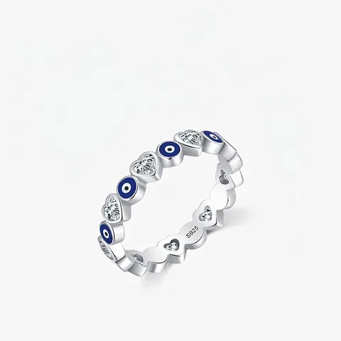 Anillo de Corazón de Plata de Ley 925 Ojo Turco para Mujer Brillante Circonia Esmalte Banda Apilable Joyería de Moda Coreana