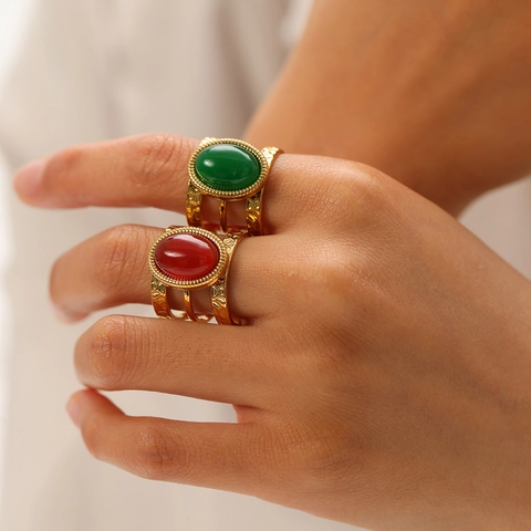 Vintage Oval Gemstone Ring 304 Stainless Steel Gold Plated Adjustable Open Hammered Hollow Design For Women