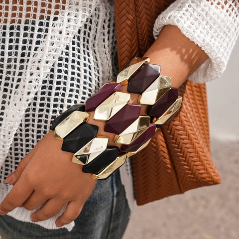 Bracciale Patchwork Geometrico Acrilico Lega Tonalità Oro Diamante Irregolare Polsino Elastico Gioielli Vintage Per Donne