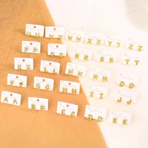 Gold Plated Stainless Steel Letter Stud Earrings With Earring Post 3D Balloon Initial Minimalist Alphabet Jewelry