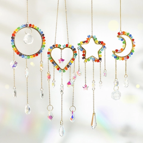 Crystal Suncatcher Hanging Ornament K9 Glass Prism Rainbow Maker Metal Star Moon Heart Sun Window Garden Home Decor Handmade