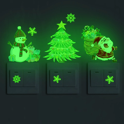 Pegatinas Interruptor Navidad Luminosas Glow In The Dark PVC Calcomanías Pared Dibujos Animados Papá Noel Alce Muñeco Nieve Decoración