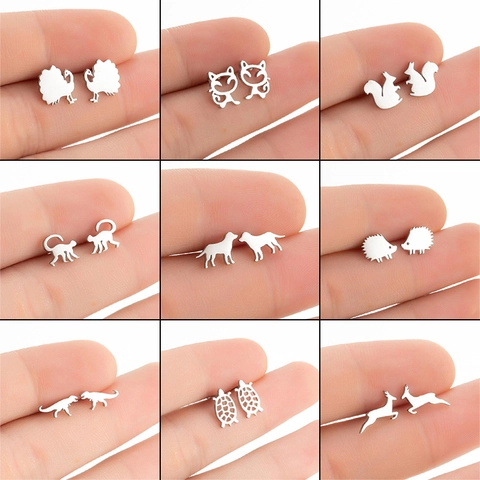 Minimalist Animal Stud Earrings Stainless Steel Cute Cat Deer Dinosaur Squirrel Fashion Jewelry For Women Girls
