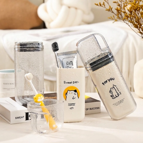 Custodia Per Spazzolino Da Denti Da Viaggio Portatile Bicchiere In Plastica Cartone Animato Gatto Cane Grande Capacità Organizzatore
