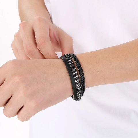Bracciale Da Uomo In Pelle Intrecciata Multistrato Con Fibbia Magnetica In Acciaio Inossidabile Gioielli Da Mano Punk