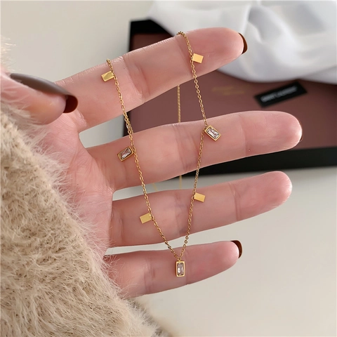 Geometric Pendant Necklace Stainless Steel Minimalist Zircon Triangle Rectangle Waterdrop Clavicle Chain Women Chic Jewelry