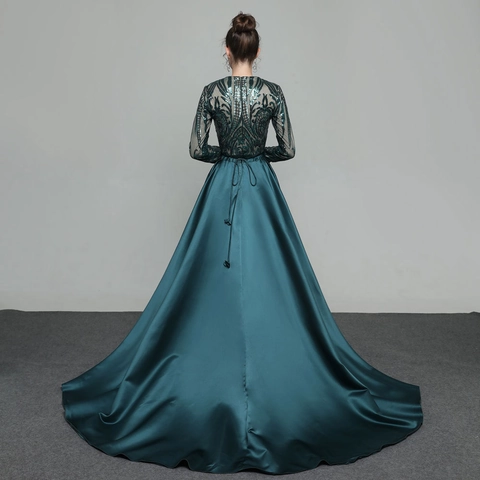 Long Sleeve Sequined Embroidery Evening Dress Satin Trailing Floor Length Formal Party Gown For Women Elegant Luxury