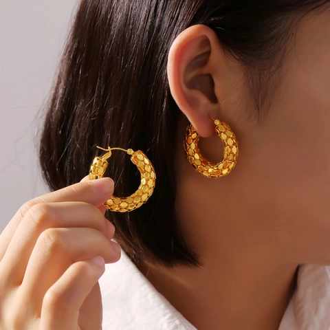 Titanium Steel Gold Plated U-shaped Hoop Earrings For Women Minimalist Hollow Chain Textured Geometric Fashion Jewelry Accessories